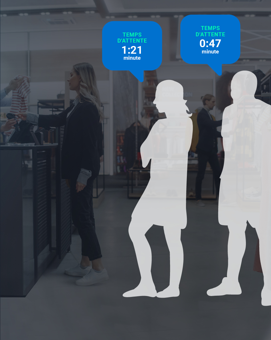 Diapositive montrant le temps d'attente en ligne pour chaque individu. 1 minute 21 secondes pour un et 47 secondes pour un autre.
