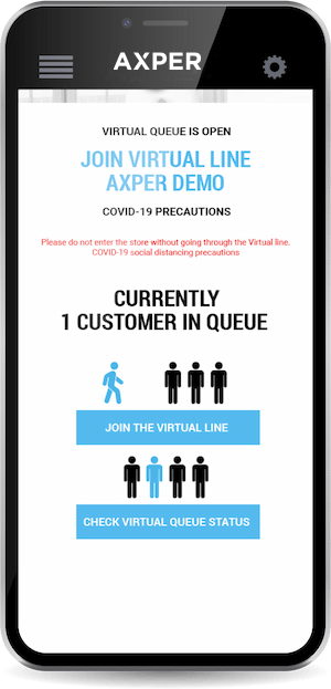 Phone with an application showing the virtual queue, it also show the number on people in line and that you can join and check the status of the queue.