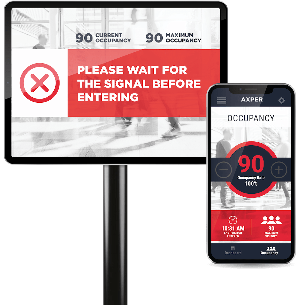We see the interface of a program on a mobile that shows the virtual queue line and the occupancy rate. The sign on the tablet says: "Please wait for the signal before entering".