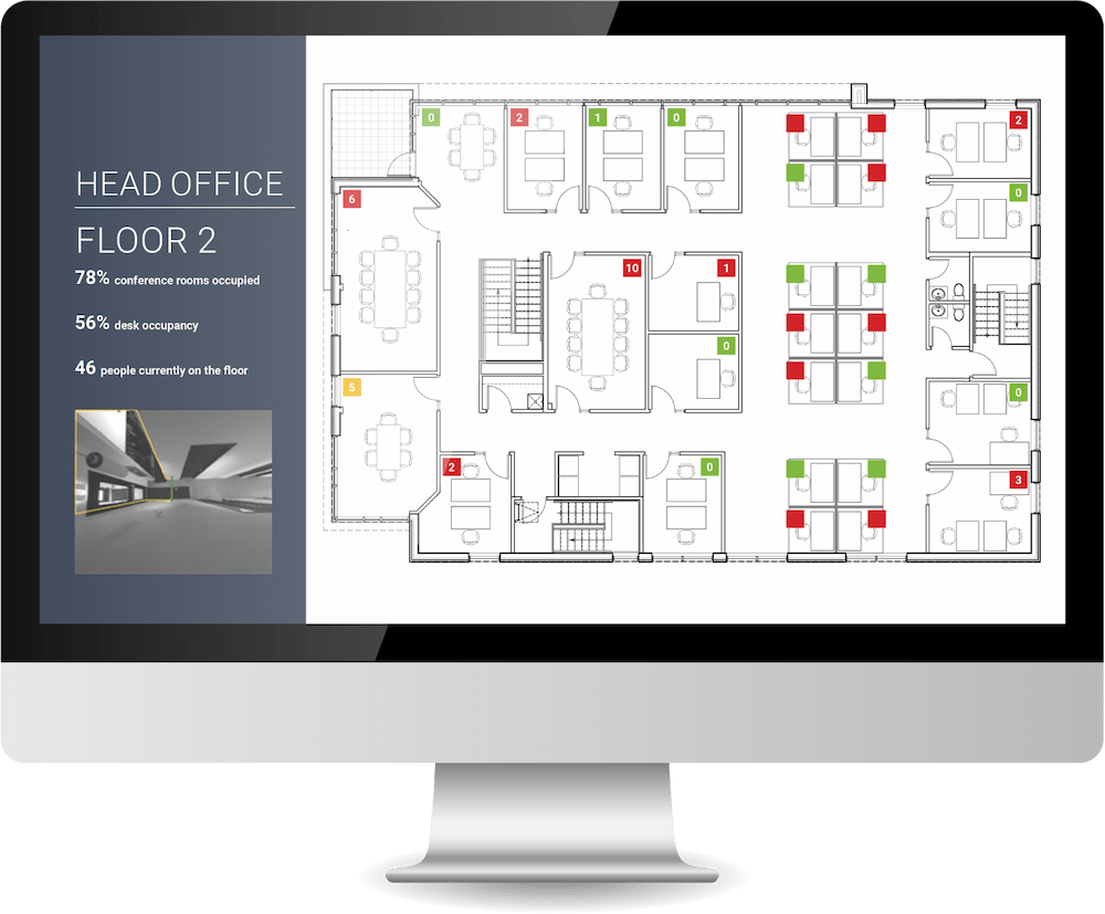 A computer showing a floor plan of rooms for conferences detailing the percentages of occupancy and how much people are still on the floor.