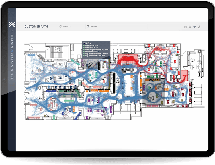 Tablet showing the interface and the results of a consumer journey inside of a store all with individual colors.