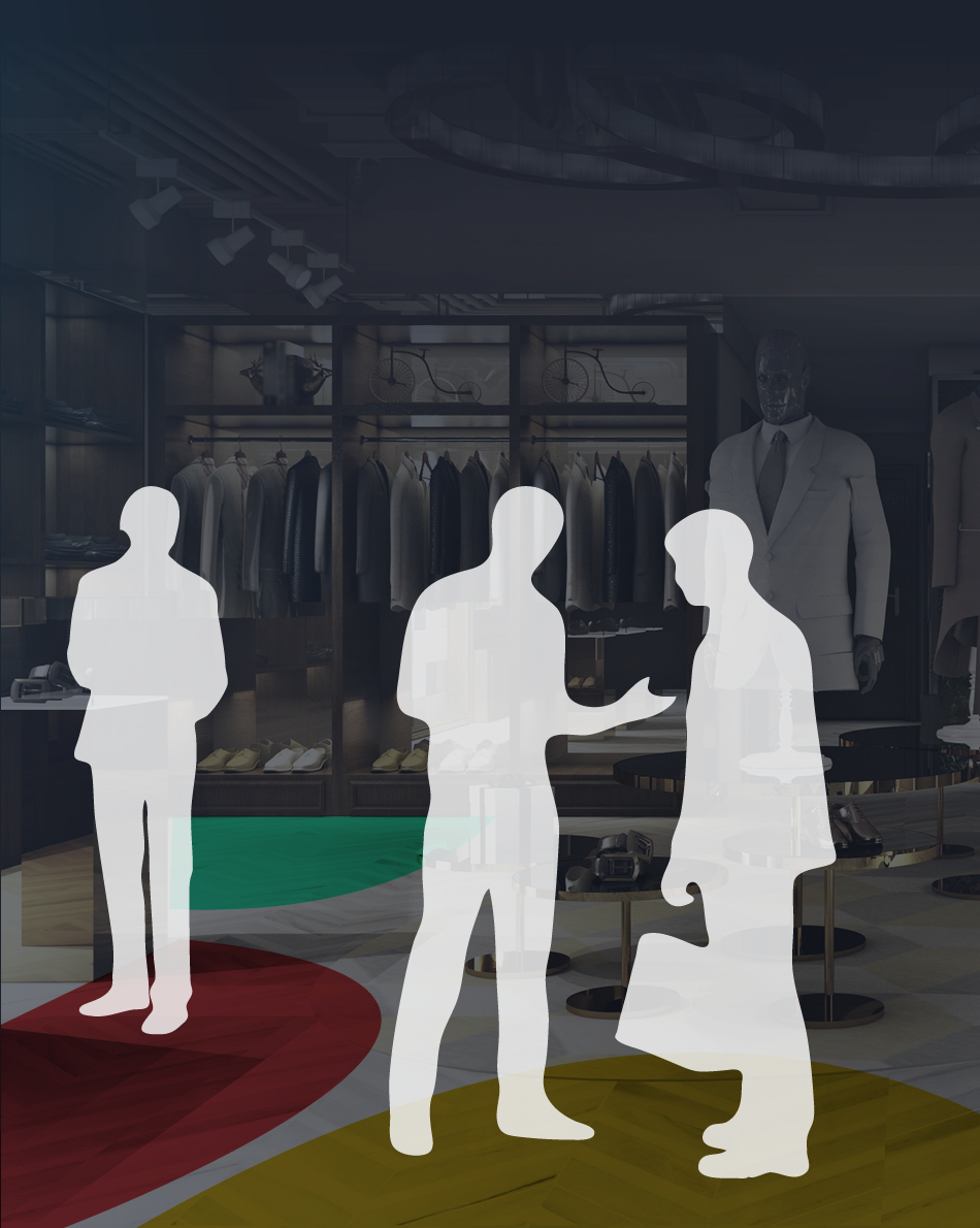 Diapositive montrant l'analyse du comportement des acheteurs dans un environnement de magasinage. Nous voyons des gens dans chaque zone distincte du magasin.
