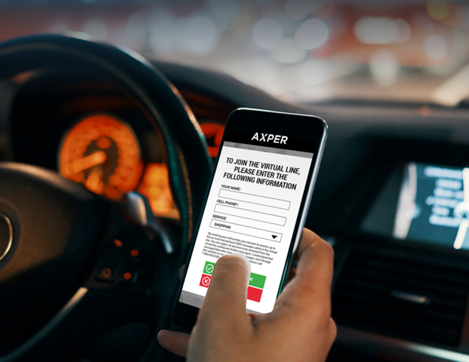 Image of a cellphone in a car, displaying the waiting line application from Axper. The screen reads "To join the virtual line, please enter the following information".
